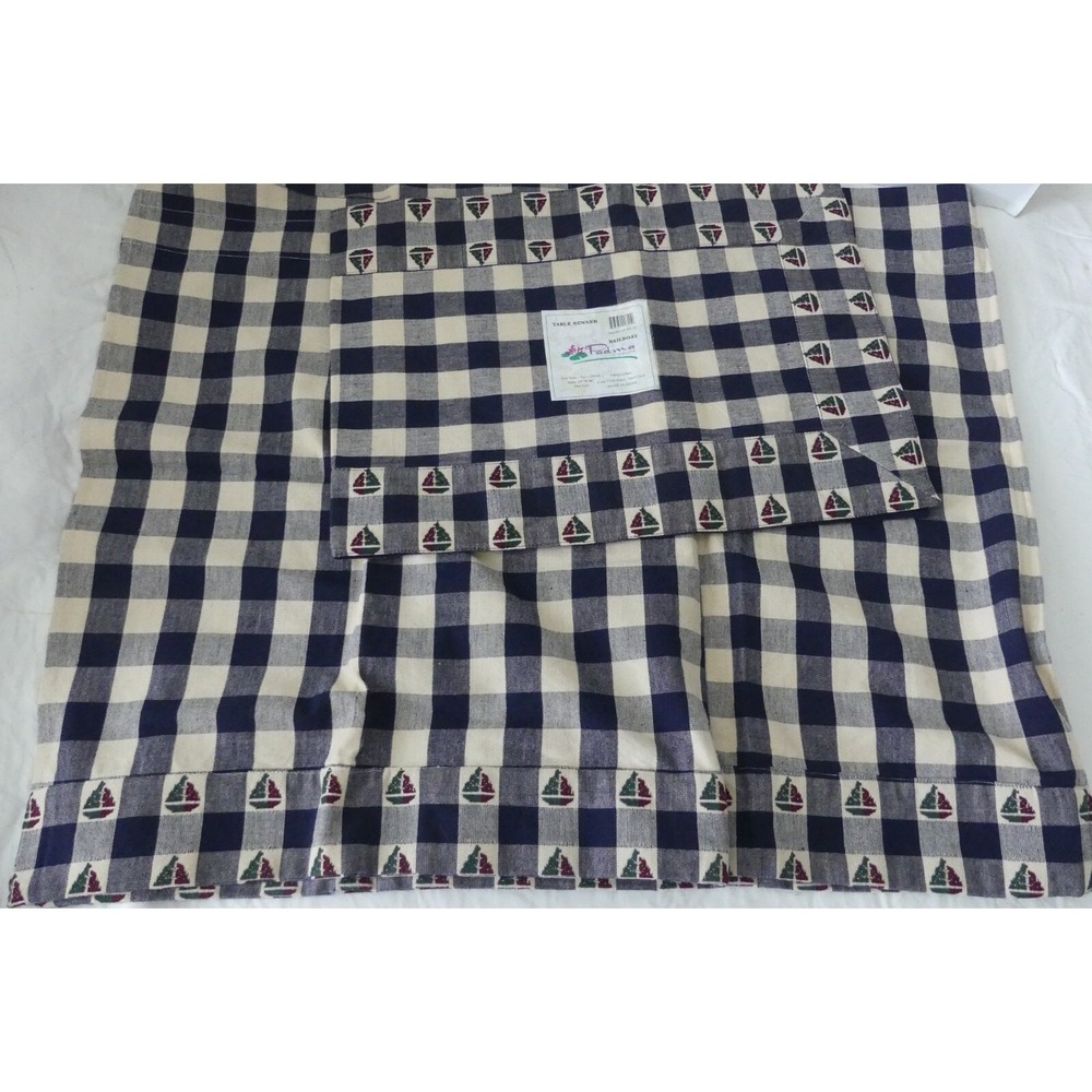 NEW Gingham Sailboat Cafe Curtains & Table Runner Nautical Lake Cottage Decor